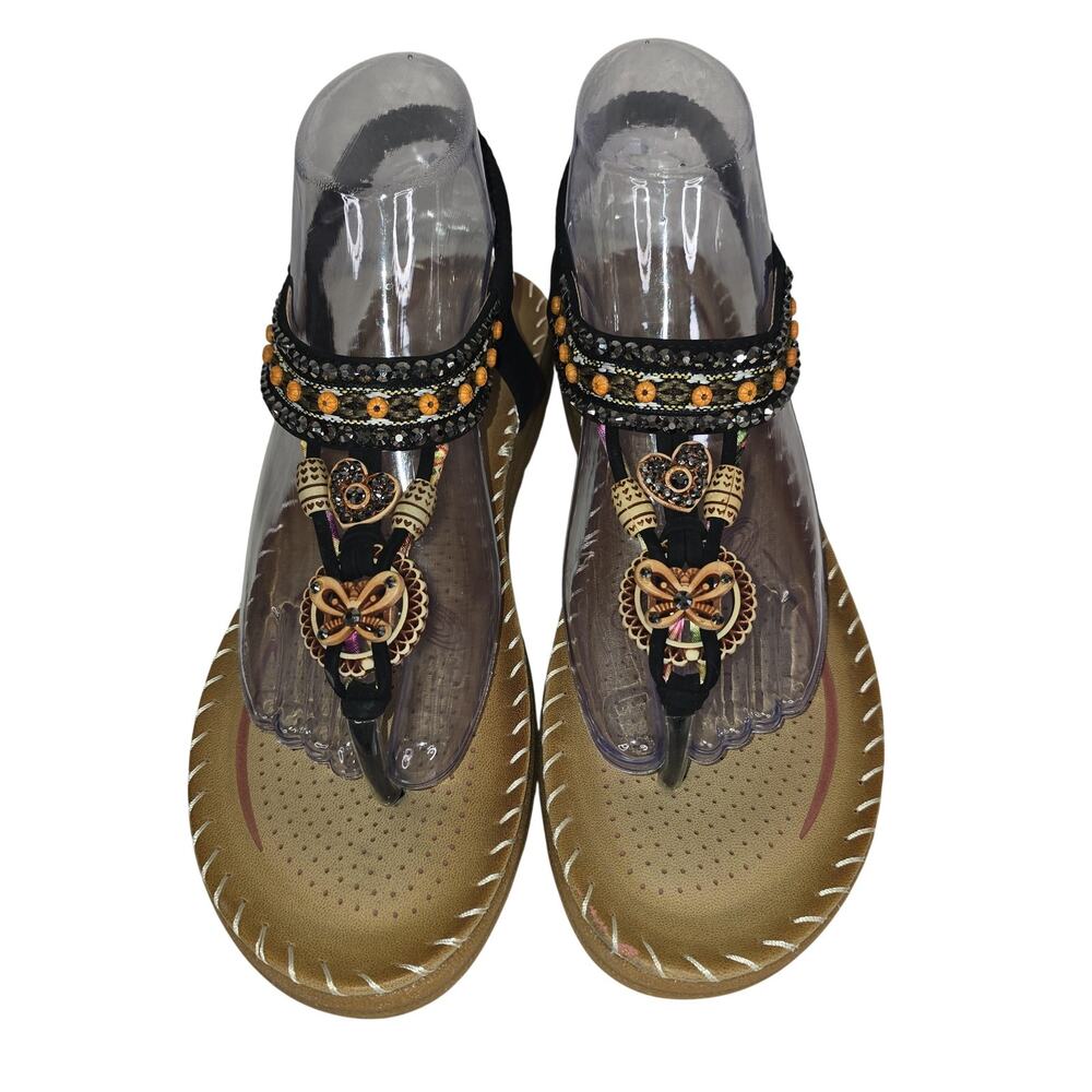 Aomigoet Sandals Shoes Womens 11 Black Beaded Thong Wedge Comfort Boho Vacay
